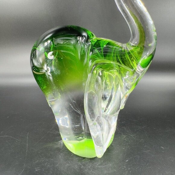 Heavy Glass Elephant Figurine Paperweight With Clear Green Spots Trunk Up Lucky - Picture 12 of 16